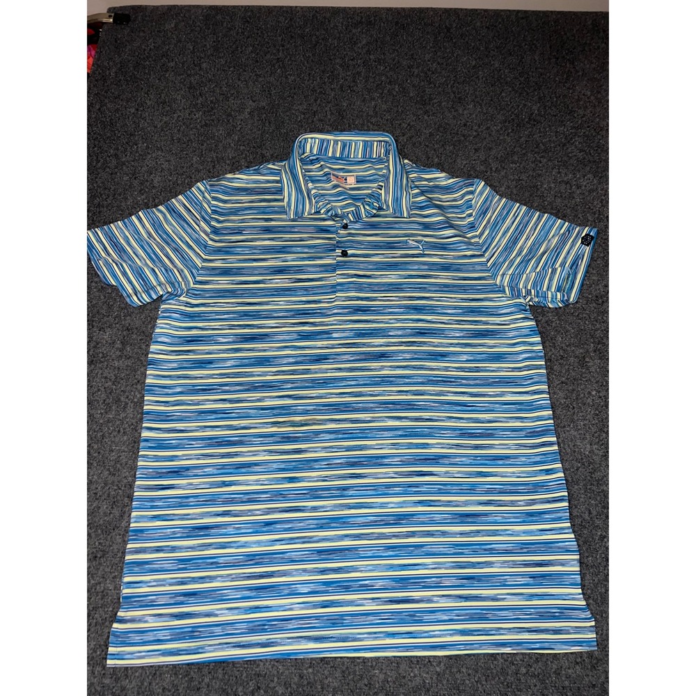 Puma Sportlifestyle Mens XL Polo Shirt Blue Yellow Striped Short Sleeve Golf